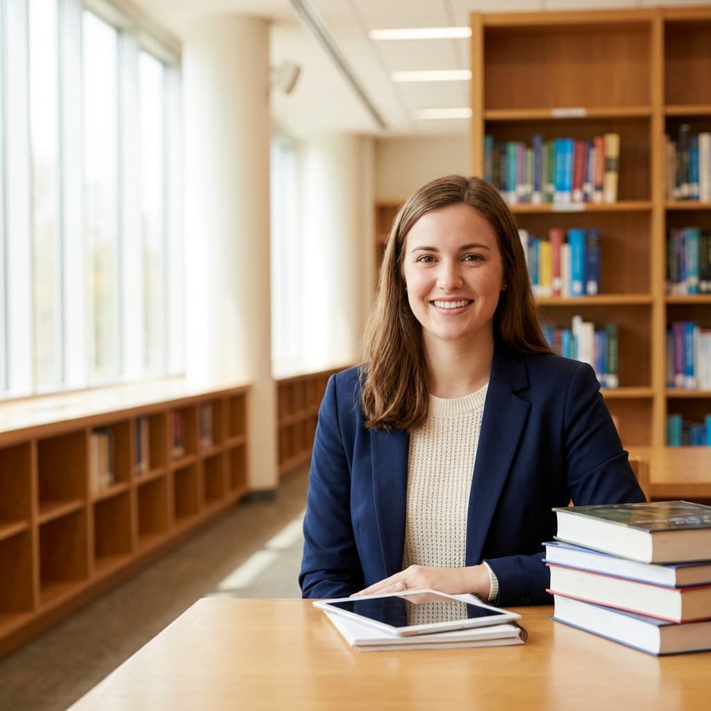Professional female student in educational setting with books